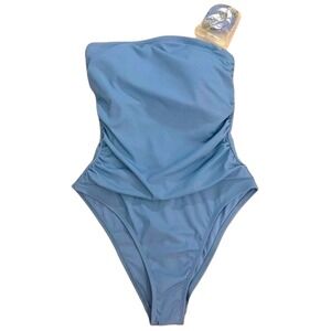 Ribbed High Leg Cheeky Bandeau One Piece Swimsuit Womens Small Blue NWT